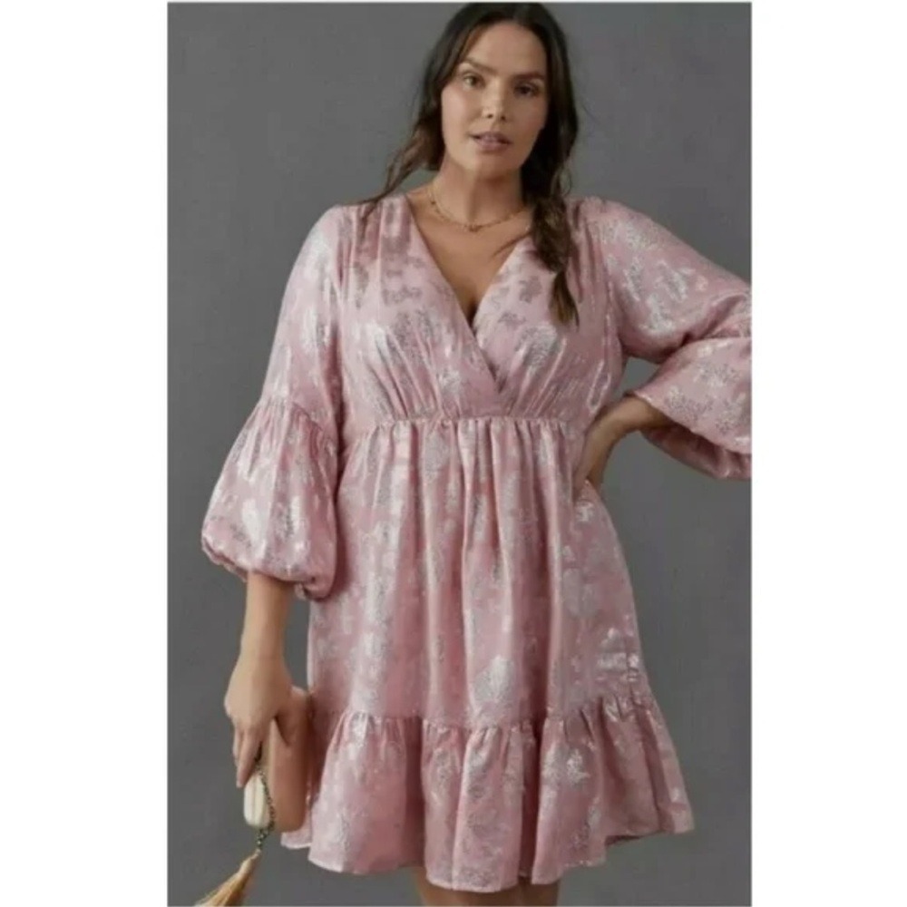 Anthropologie Jolene Jacquard pink silver glitter mini dress balloon sleeve